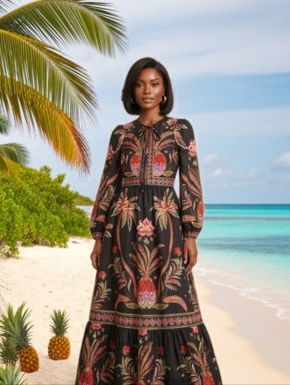 Black Floral Maxi Dress with Long Sleeves